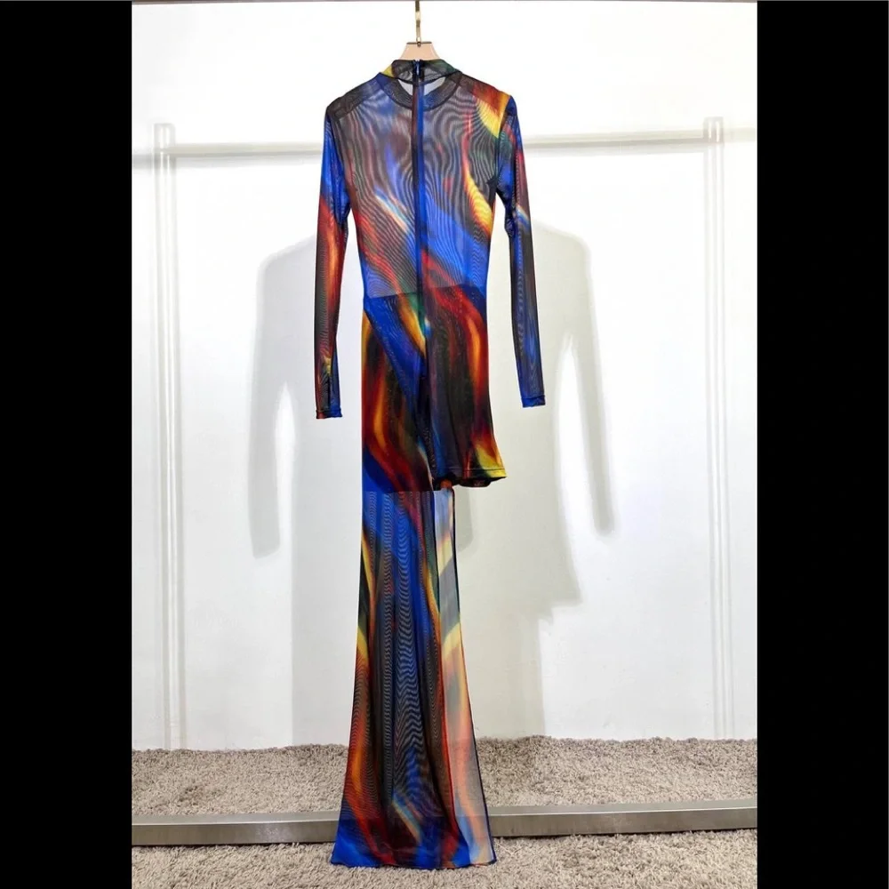 Asymmetric Flame long sleeve Tulle Dress - Picture 3 of 9